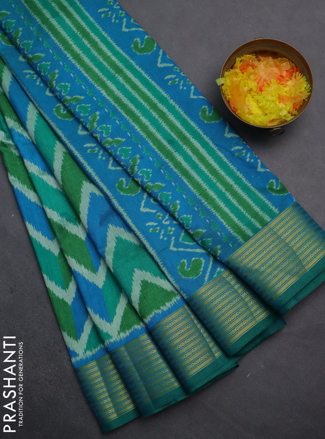 Semi tussar saree multi colour and dual shade of cs blue with allover zig zag ikat prints and zari woven border