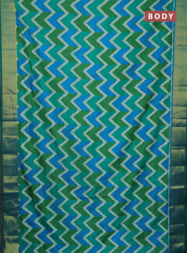 Semi tussar saree multi colour and dual shade of cs blue with allover zig zag ikat prints and zari woven border