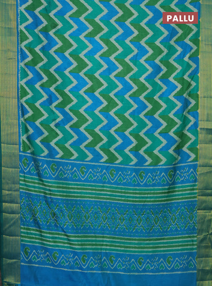 Semi tussar saree multi colour and dual shade of cs blue with allover zig zag ikat prints and zari woven border