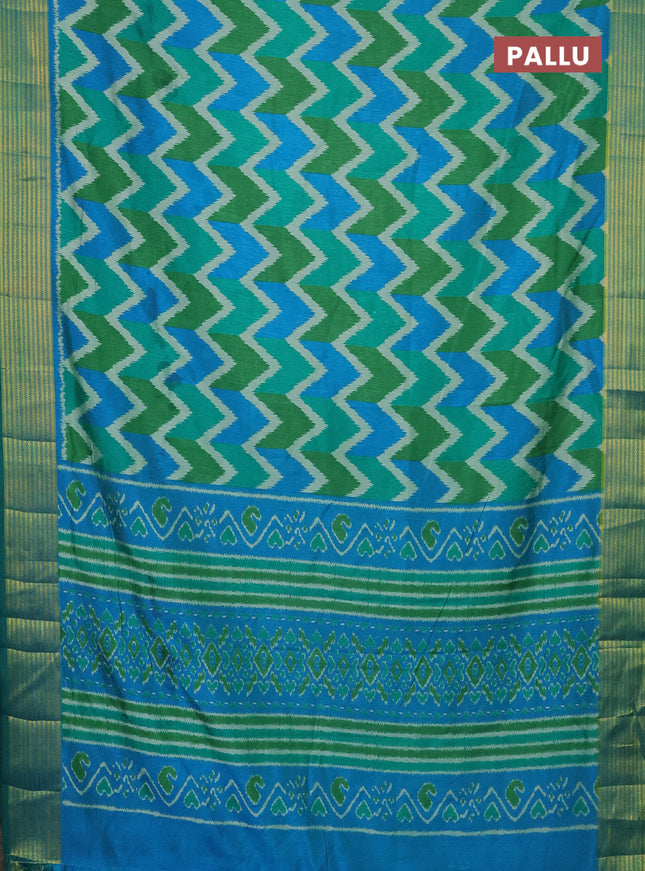 Semi tussar saree multi colour and dual shade of cs blue with allover zig zag ikat prints and zari woven border