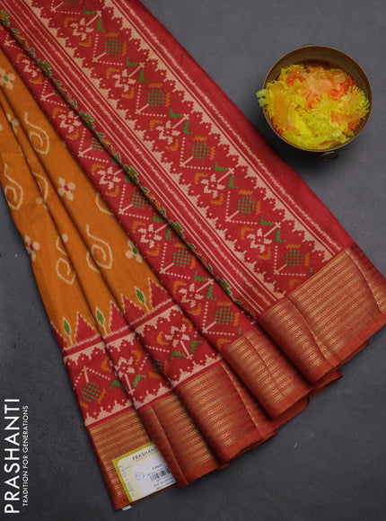 Semi tussar saree mustard yellow and rust shade with allover ikat butta prints and zari woven border