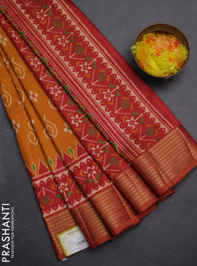 Semi tussar saree mustard yellow and rust shade with allover ikat butta prints and zari woven border