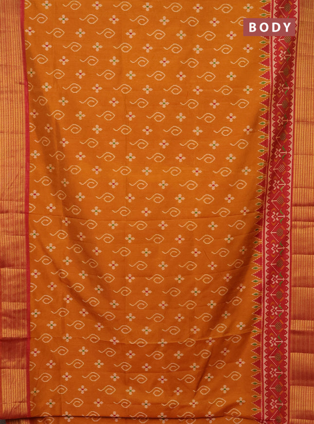 Semi tussar saree mustard yellow and rust shade with allover ikat butta prints and zari woven border