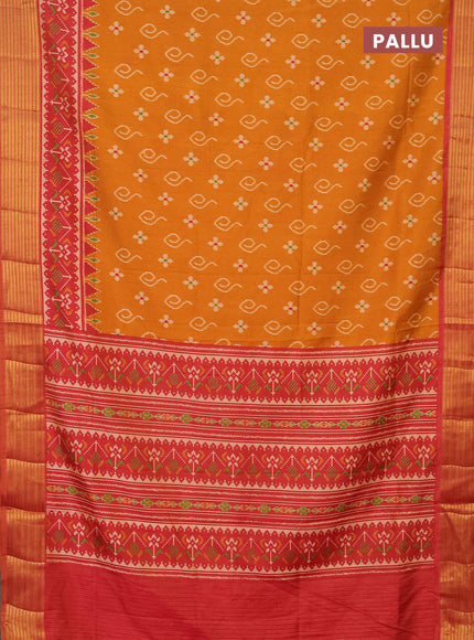 Semi tussar saree mustard yellow and rust shade with allover ikat butta prints and zari woven border