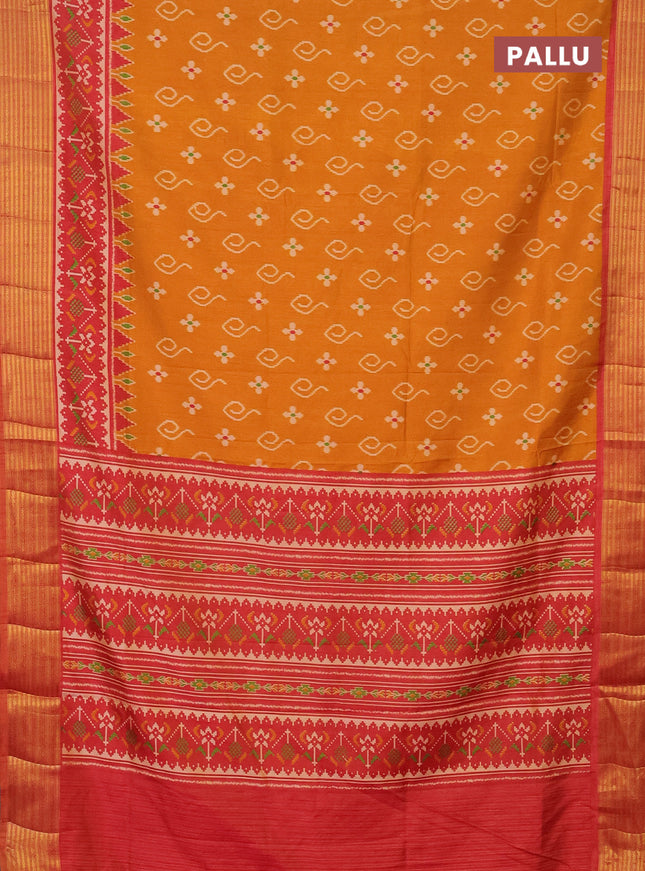 Semi tussar saree mustard yellow and rust shade with allover ikat butta prints and zari woven border