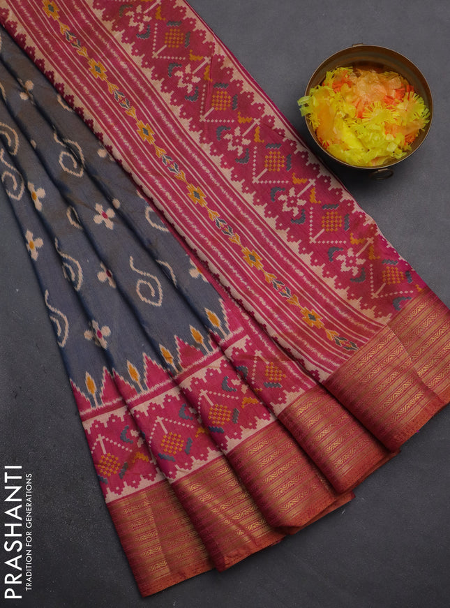 Semi tussar saree dual shade of bluish grey and dual shade of pink with allover ikat butta prints and zari woven border