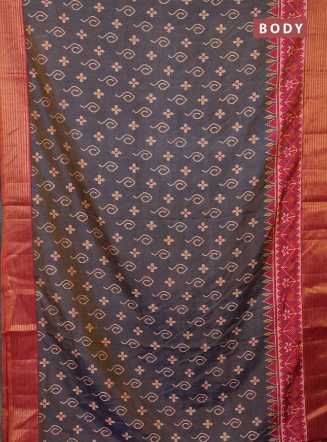 Semi tussar saree dual shade of bluish grey and dual shade of pink with allover ikat butta prints and zari woven border
