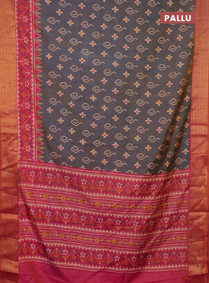 Semi tussar saree dual shade of bluish grey and dual shade of pink with allover ikat butta prints and zari woven border