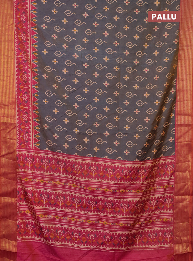 Semi tussar saree dual shade of bluish grey and dual shade of pink with allover ikat butta prints and zari woven border