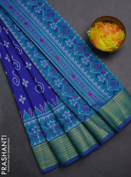 Semi tussar saree blue and teal blue with allover ikat butta prints and zari woven border
