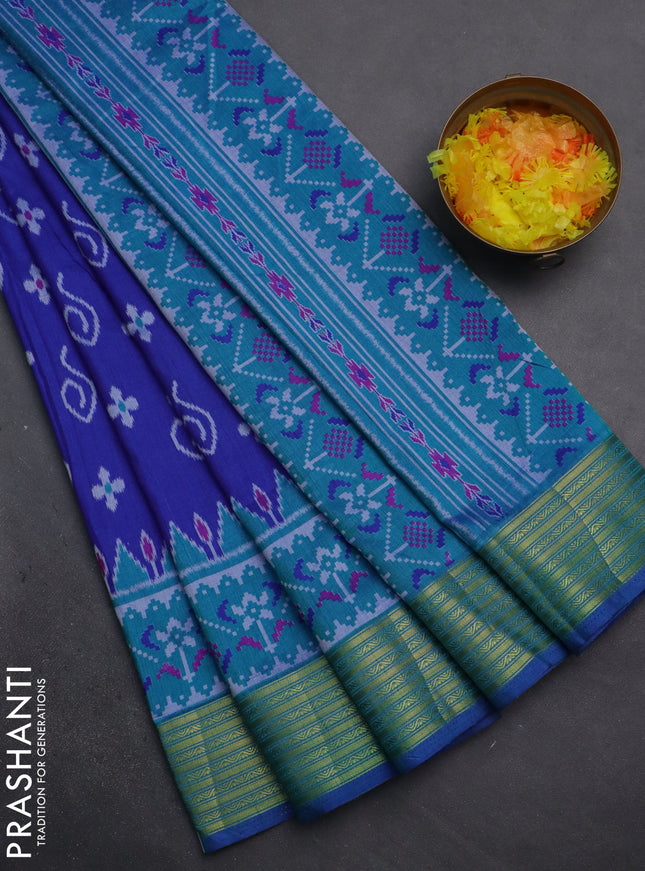 Semi tussar saree blue and teal blue with allover ikat butta prints and zari woven border