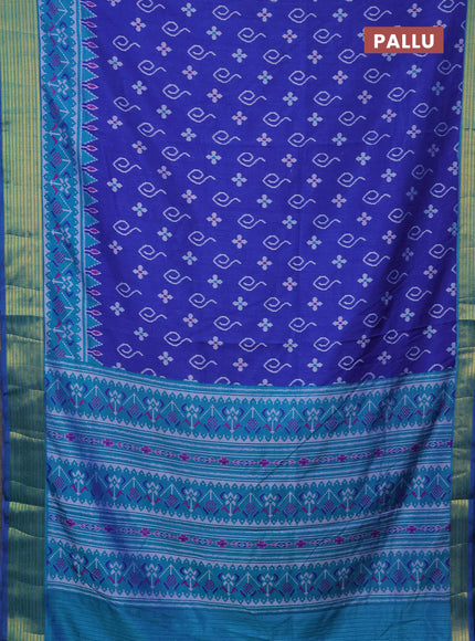 Semi tussar saree blue and teal blue with allover ikat butta prints and zari woven border