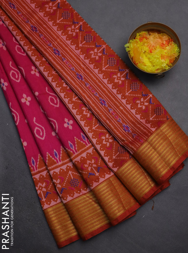 Semi tussar saree pink and rust shade with allover ikat butta prints and zari woven border