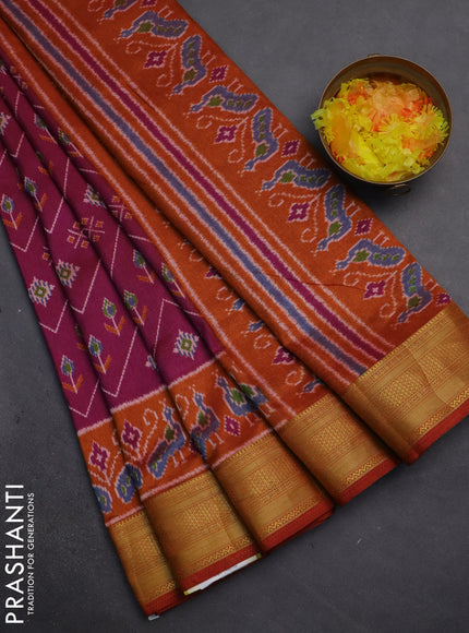 Semi tussar saree magenta pink and rust shade with allover ikat prints and zari woven border