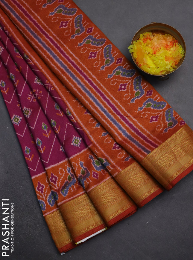 Semi tussar saree magenta pink and rust shade with allover ikat prints and zari woven border