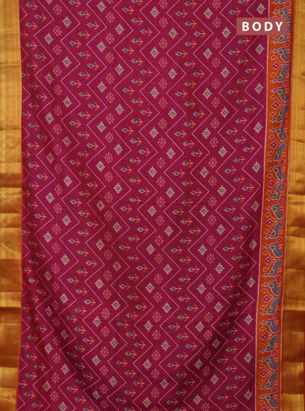 Semi tussar saree magenta pink and rust shade with allover ikat prints and zari woven border
