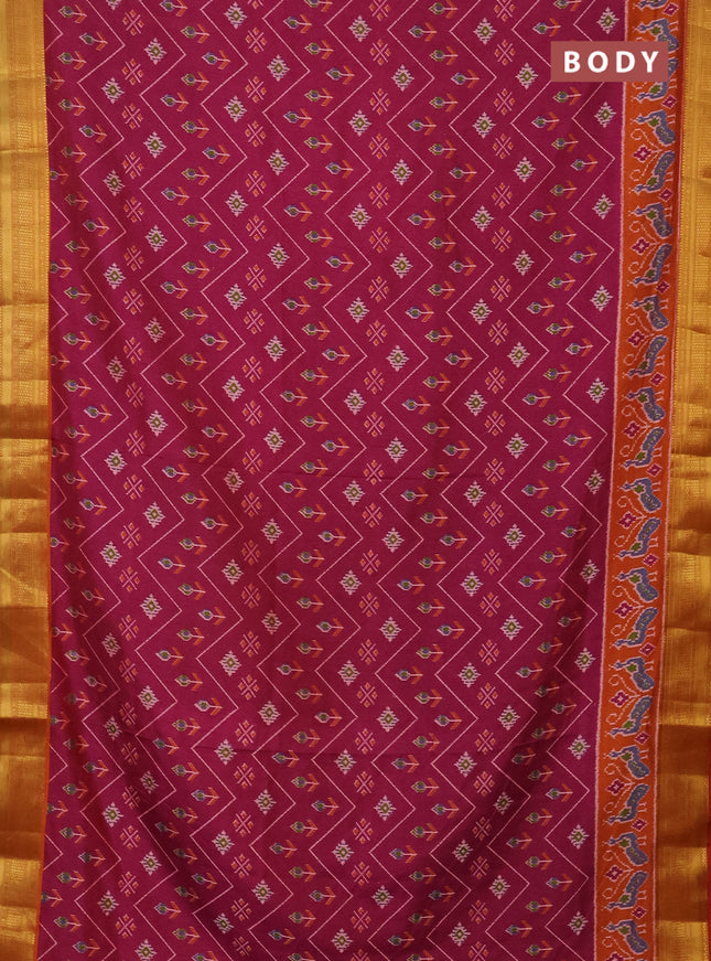 Semi tussar saree magenta pink and rust shade with allover ikat prints and zari woven border