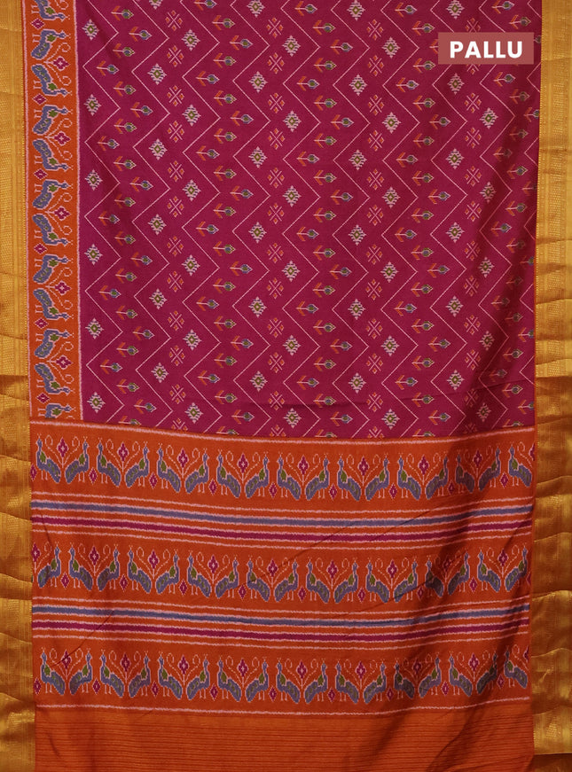 Semi tussar saree magenta pink and rust shade with allover ikat prints and zari woven border