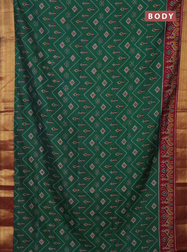 Semi tussar saree green and maroon with allover ikat prints and zari woven border