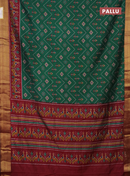 Semi tussar saree green and maroon with allover ikat prints and zari woven border
