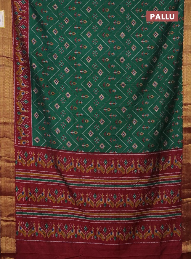 Semi tussar saree green and maroon with allover ikat prints and zari woven border