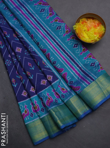 Semi tussar saree dark blue and teal blue with allover ikat prints and zari woven border