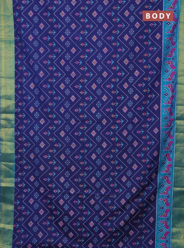 Semi tussar saree dark blue and teal blue with allover ikat prints and zari woven border