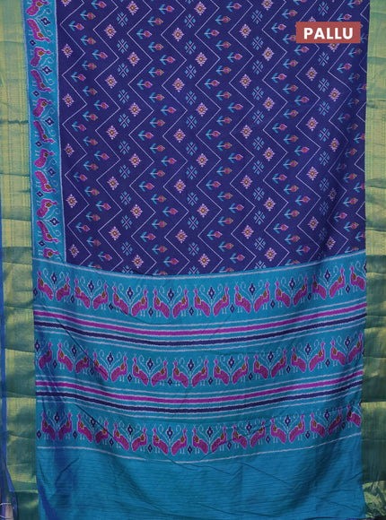 Semi tussar saree dark blue and teal blue with allover ikat prints and zari woven border