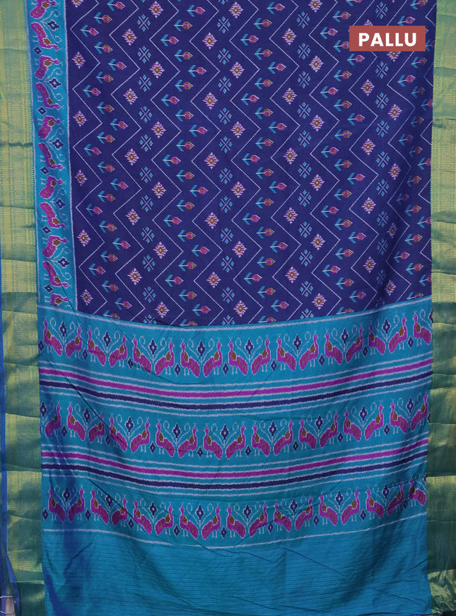 Semi tussar saree dark blue and teal blue with allover ikat prints and zari woven border