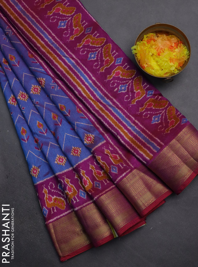 Semi tussar saree dual shade of blue and purple with allover ikat prints and zari woven border