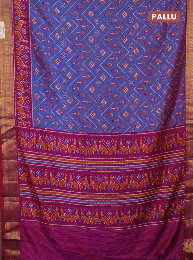 Semi tussar saree dual shade of blue and purple with allover ikat prints and zari woven border