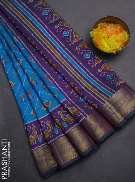Semi tussar saree cs blue and purple with allover ikat prints and zari woven border