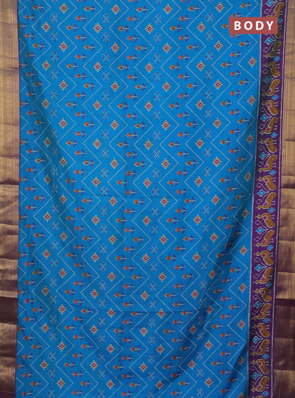 Semi tussar saree cs blue and purple with allover ikat prints and zari woven border
