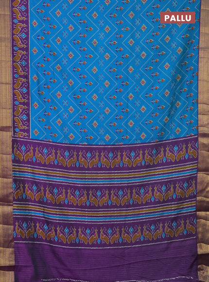 Semi tussar saree cs blue and purple with allover ikat prints and zari woven border