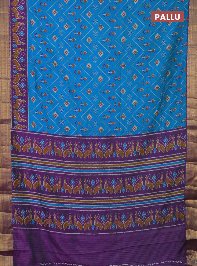 Semi tussar saree cs blue and purple with allover ikat prints and zari woven border