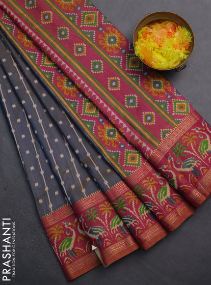 Semi tussar saree dual shade of bluish grey and pink with allover ikat prints and zari woven ikat border