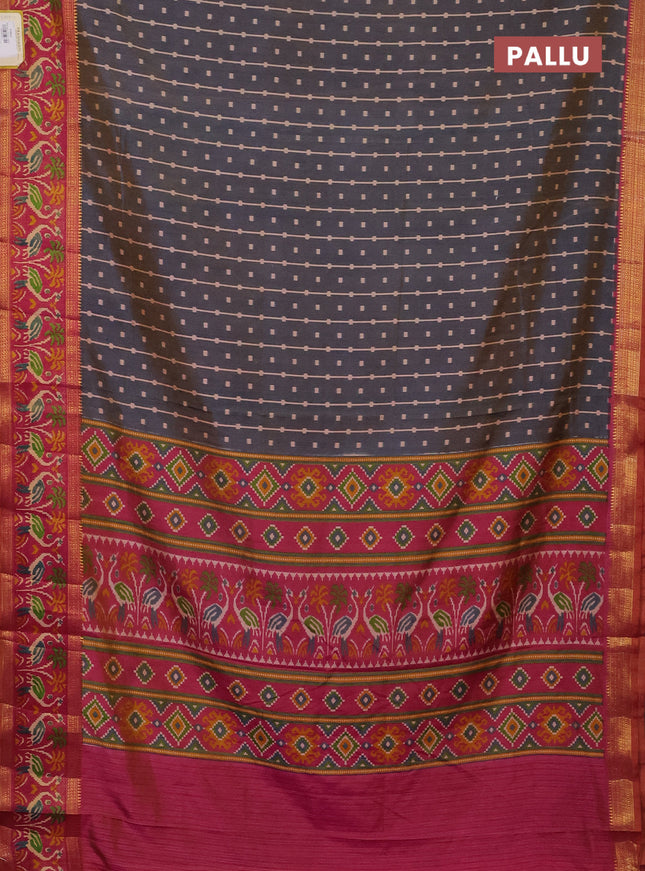 Semi tussar saree dual shade of bluish grey and pink with allover ikat prints and zari woven ikat border