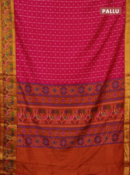 Semi tussar saree pink and dark mustard with allover ikat prints and zari woven ikat border