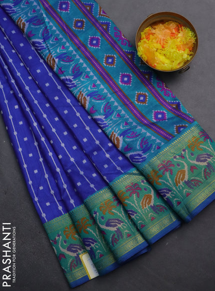 Semi tussar saree blue and teal green with allover ikat prints and zari woven ikat border