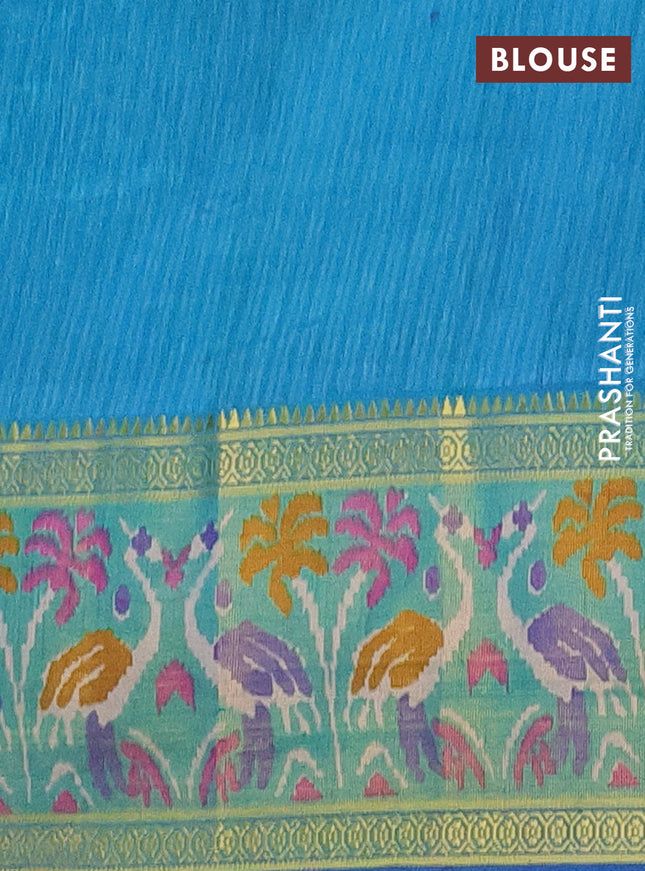 Semi tussar saree blue and teal green with allover ikat prints and zari woven ikat border
