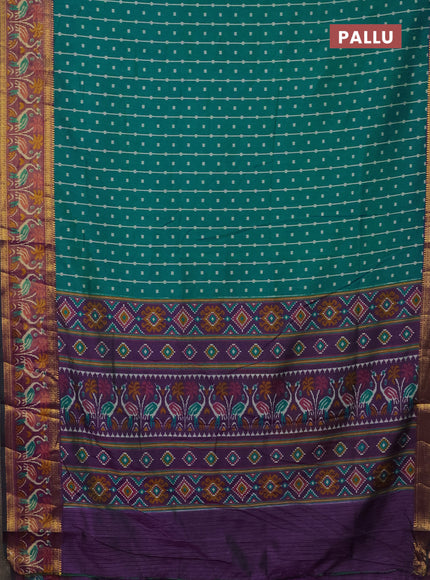 Semi tussar saree teal bluish green and purple with allover ikat prints and zari woven ikat border
