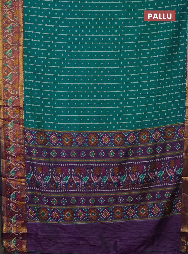 Semi tussar saree teal bluish green and purple with allover ikat prints and zari woven ikat border