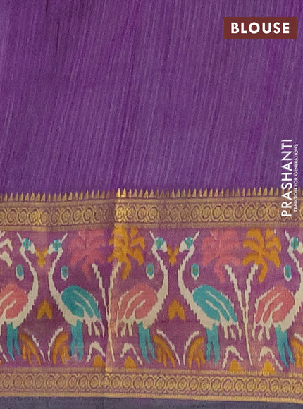Semi tussar saree teal bluish green and purple with allover ikat prints and zari woven ikat border