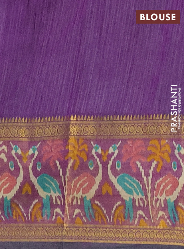 Semi tussar saree teal bluish green and purple with allover ikat prints and zari woven ikat border