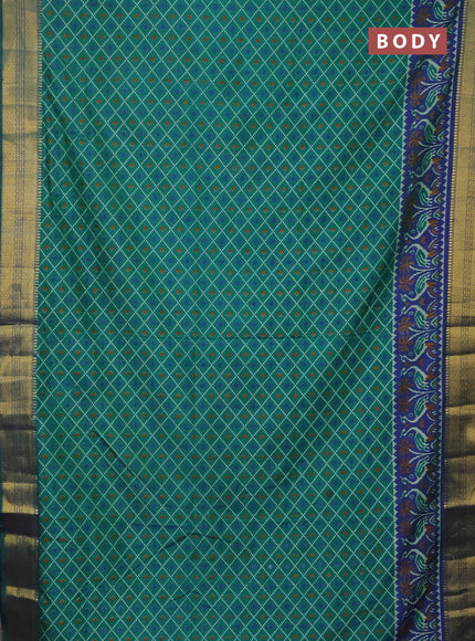 Semi tussar saree teal green and blue with allover ikat prints and zari woven border