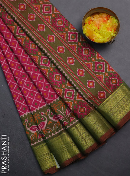 Semi tussar saree pink and dual shade of green with allover ikat prints and zari woven border