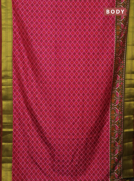 Semi tussar saree pink and dual shade of green with allover ikat prints and zari woven border