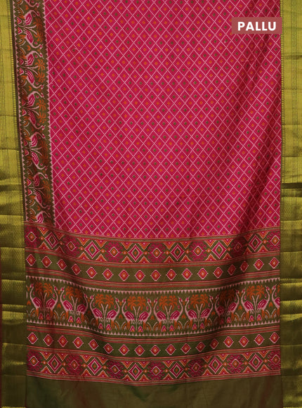 Semi tussar saree pink and dual shade of green with allover ikat prints and zari woven border