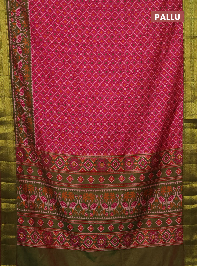 Semi tussar saree pink and dual shade of green with allover ikat prints and zari woven border