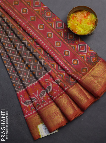 Semi tussar saree dual shade of bluish grey and dual shade of pink with allover ikat prints and zari woven border